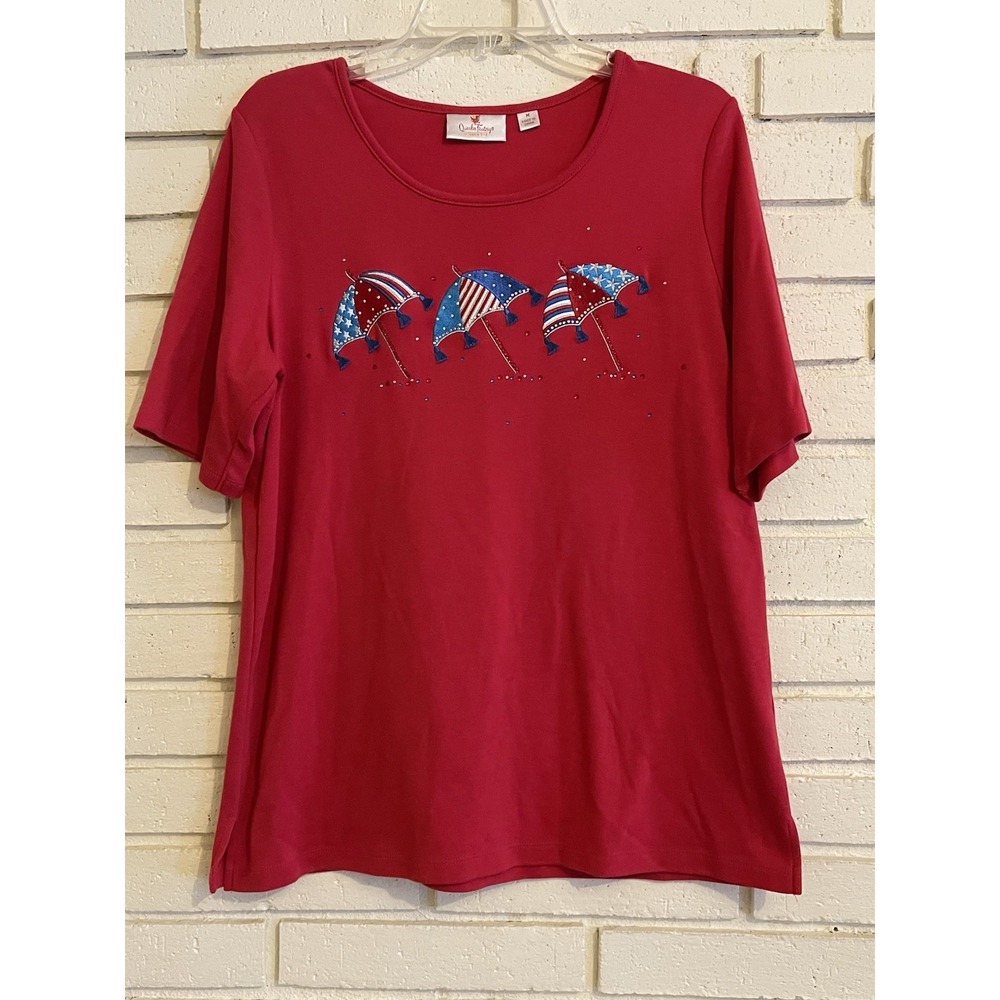 Quacker Factory Women's Patriotic Umbrella Red Top size Med. Embroidered